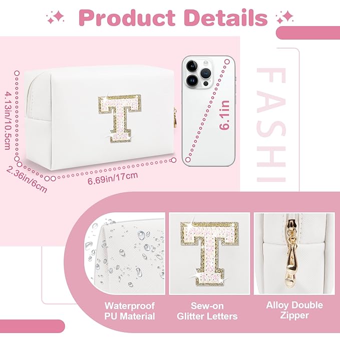 Small Initial Patch Makeup Bag Personalized Gifts Make Up Bag,White Cute PU Leather Glitter Letter Cosmetic Bag with Zipper,Trendy Portable Travel Toiletry Pouch,Preppy Stuff for Teen Girls Women T