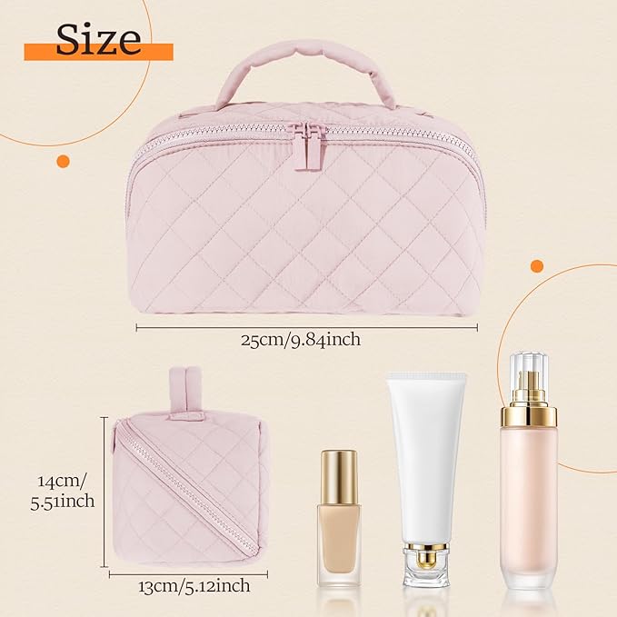 Makeup Bag for Women, Wide Open Lay-Flat Water-Resistant Cosmetic Case, Festivalment Makeup Bag, Spacious 180° Open Cosmetic Organizer for Toiletries & Brushes Large Capacity with Compartments (Pink)