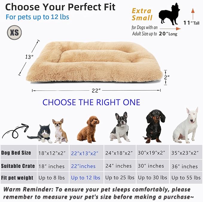 Small Dog Crate Pad 22 x 13 Washable Dog Beds for Extra Small Dogs, Fluffy Comfy Deluxe Plush XS Pet Bed for Kennel Soft Flat Puppy Kitten Cushion for Sleeping Anti-Slip,Light Brown