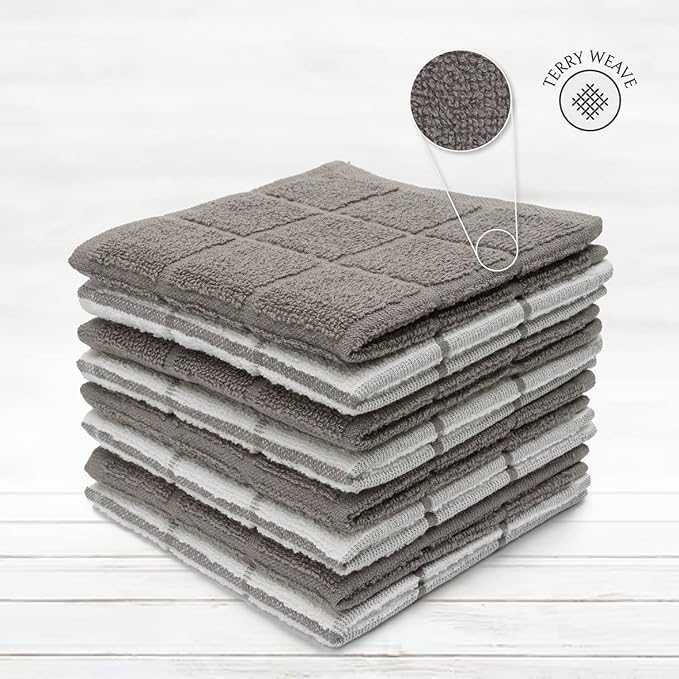 Mellow Buff 100% Cotton Terry Dish Cloth & Dish Towel, 6 Pack, Super Soft and Absorbent Kitchen Towels, Perfect for Kitchen Cleaning and Dish Washing (Grey (Solid and Checks) 8 Pack)