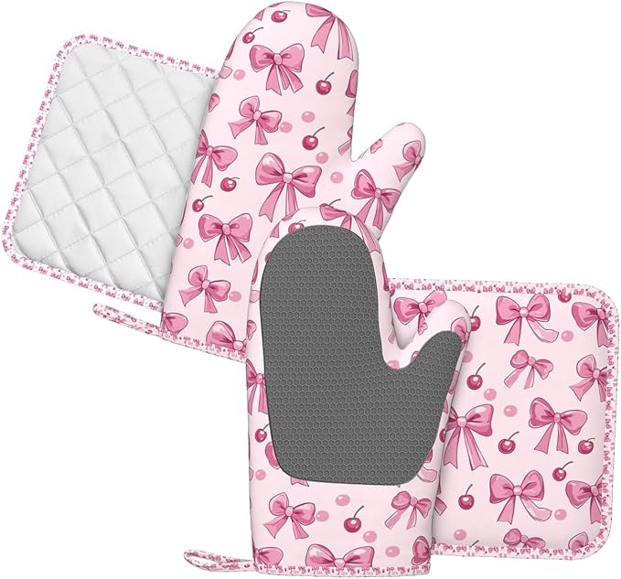 Oven Mitts Pot Holders Set Pink Bow Pattern Cherry Silicone Kitchen Gloves Potholders Heat Resistant for Chef Baking Cooking Grilling BBQ 4 Pack Mitt