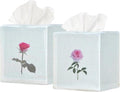 EmbroideryLinen.VN Tissue Box Cover Set of 2, Square Linen Tissue Holder, Printed Floral Design, 4.5x4.5x5.5 Inches, Decorative Holder for Bathroom, Living Room, Office (Rose)