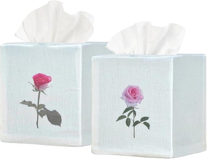 EmbroideryLinen.VN Tissue Box Cover Set of 2, Square Linen Tissue Holder, Printed Floral Design, 4.5x4.5x5.5 Inches, Decorative Holder for Bathroom, Living Room, Office (Rose)