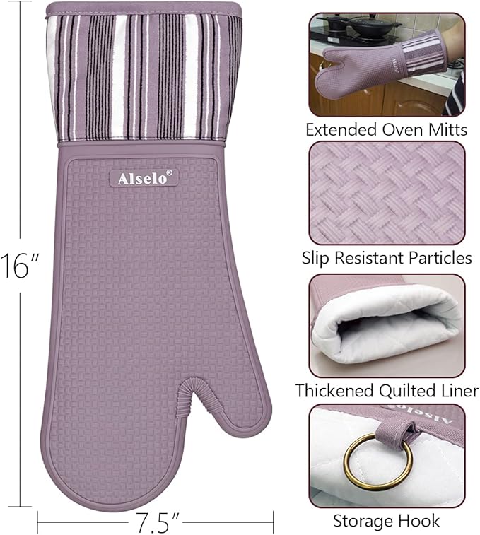 Silicone Oven Mitts Heat Resistant 550 Degree Extra Long Kitchen Gloves Pot Holders with Waterproof and Non-Silp for Baking Cooking Barbecue Microwave Machine Washable (Extra Long Purple, 2)