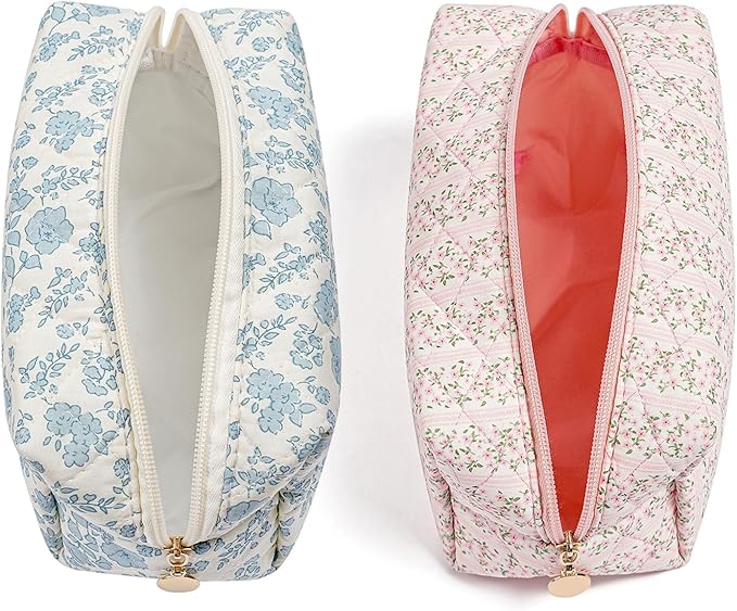Gleyemor 2 Pieces Quilted Makeup Bag, Cute Floral Cosmetic Bag for Women, Cotton Make Up Bag Set, Flower Travel Toiletry Bag Tote Bag Organizer (Pink Floral+ Blue Floral)