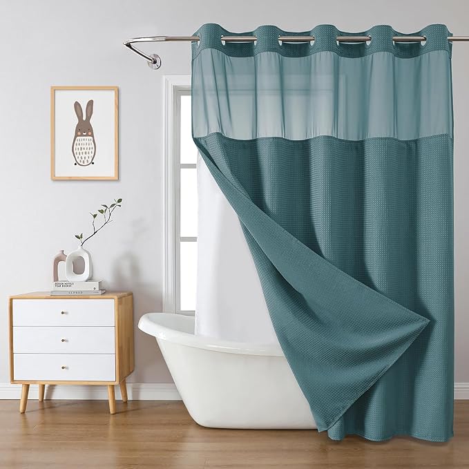 eachope SeawedGreen No Hook Waffle Weave Shower Curtain with snap-in Liner Replacement, 230GSM Waterproof Fabric Hotel Shower Curtain Set for Bathroom, Through Mesh Top Window,71Wx74H