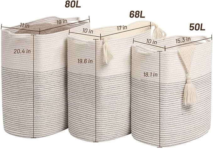Tall Laundry Basket With Handles,Woven Cotton Rope Big Laundry Hamper Sorters,Versatile Storage for Dirty Clothes,Baby Toys,and Blankets in Bathroom, Nursery,and Living Room (White/Black Line, 68L)