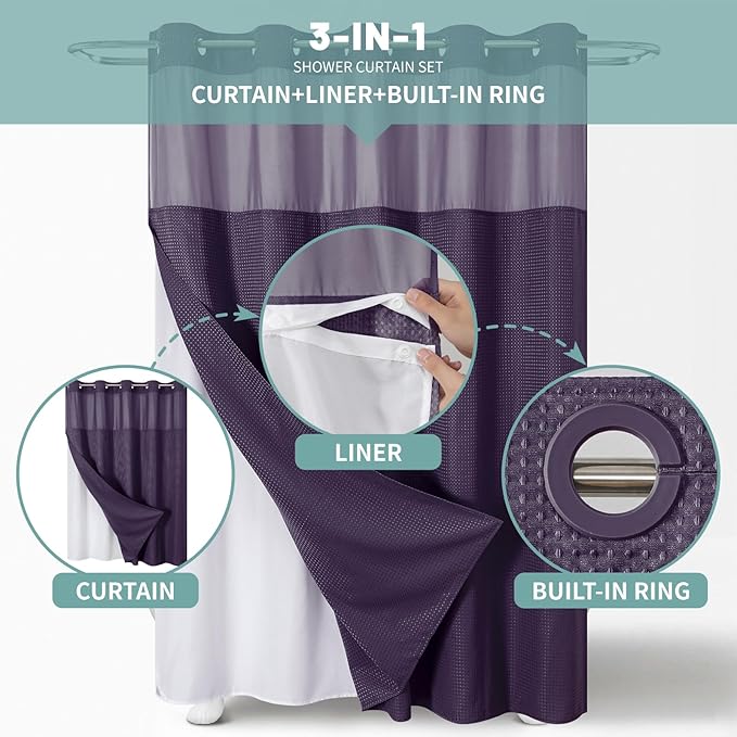 eachope Purple Long No Hook Waffle Weave Shower Curtain with snap-in Liner Replacement, 230GSM Waterproof Fabric Hotel Shower Curtain Set for Bathroom, Through Mesh Top Window,71Wx80H