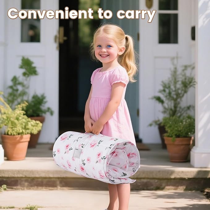 david's kids Toddler Nap Mat Set with Removable Pillow, Ultra Soft Slumber Bags for Girls，Perfect for Preschool, Daycare, Kids Sleeping Bags with Rollup Design, 50"x20", Floral