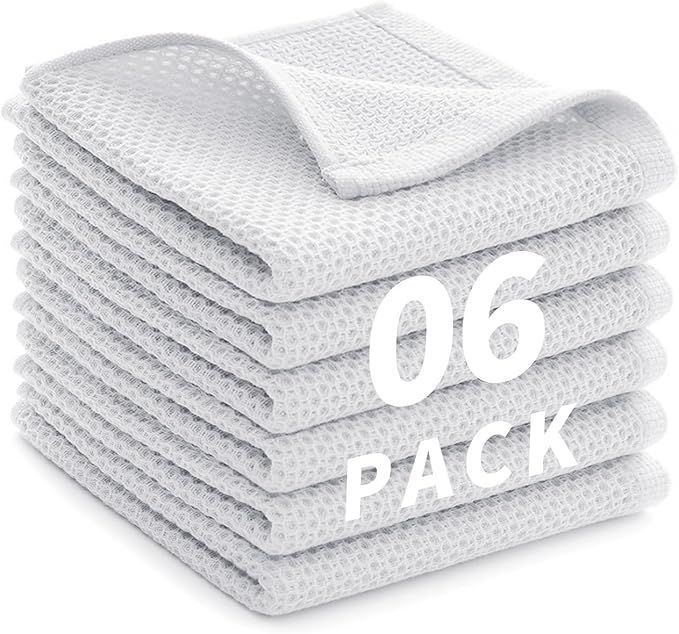 LikGuest Honeycomb Cotton Dish Cloths 6 Pack,12x12 Inch – Super Absorbent, Quick-Dry & Reusable Kitchen Cleaning Cloths, Lint-Free Washable Towels for Dishes, Glass & Household Use(White)