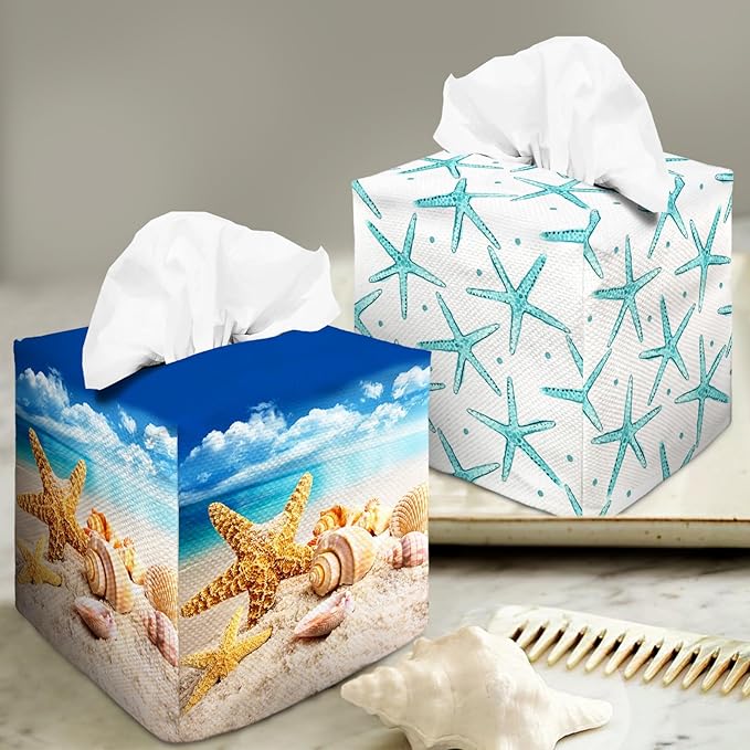 Tissue Box Cover Square Decorative Tissue Box Holder Cute Funny Cube Tissue Case Cover-Starfish Seashell Tissue Box Cover