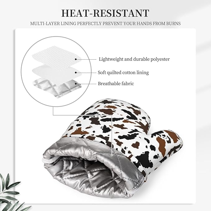 Cow Print Oven Mitts and Pot Holders with Apron Set of 5 Silicone Cowhide Brown Milk Cow Print Kitchen Mitts and Non-Slip Potholders Apron Set Heat Resistant Oven Gloves Hot Pads for Grilling