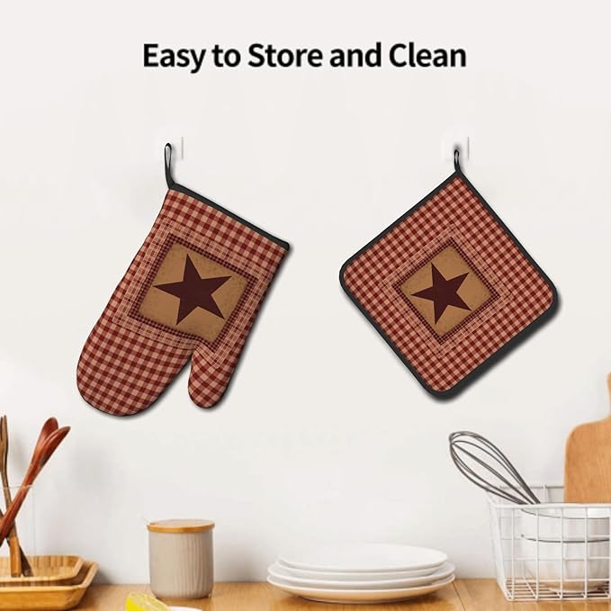 Western Star Oven Mitts and Pot Holders Sets, Vintage Red Checked Heat Resistant Kitchen Gloves 2-Pack Set,Primitive Farmhouse Decor Oven Gloves Pot Holder for Baking Grilling Barbecue Microwave Gift