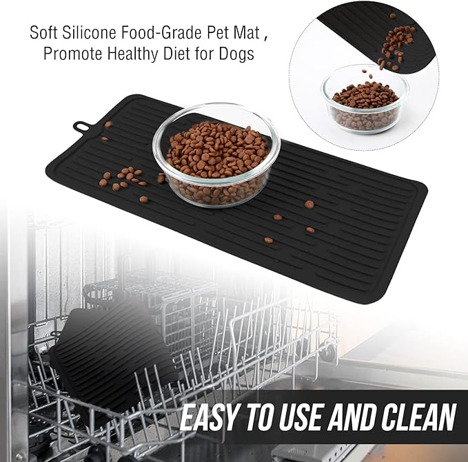 Dahaiwua Waterproof Pet Placemat,Feeding Mats,Non Slipping Cat Food Mats,Cat Food Mats for Floor with Lip,Dog Food Mat-Black