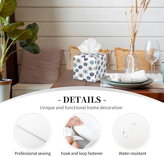POIUBLE Evil Eye Tissue Box Cover Leather Tissue Box Holder Square Facial Paper Organizer Dispenser for Bathroom Kitchen Bedroom Vanity Countertop Night Stands