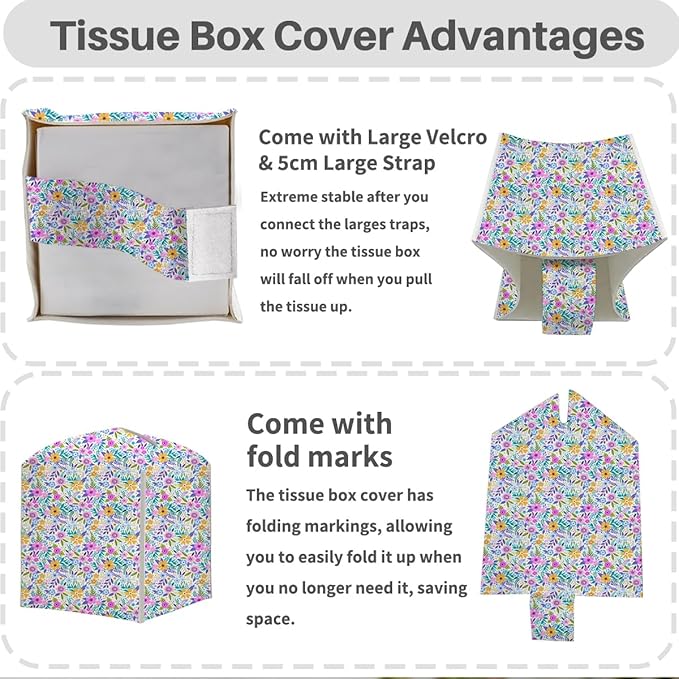 Tissue Box Cover, Tissue Box Holder, Square with Belt Bottom, PU Leather Decorative Organizer for Desk, Tabletop, Countertop Bathroom, Toilet Car, Office, Dresser Bedside, Aesthetic Floral Decor