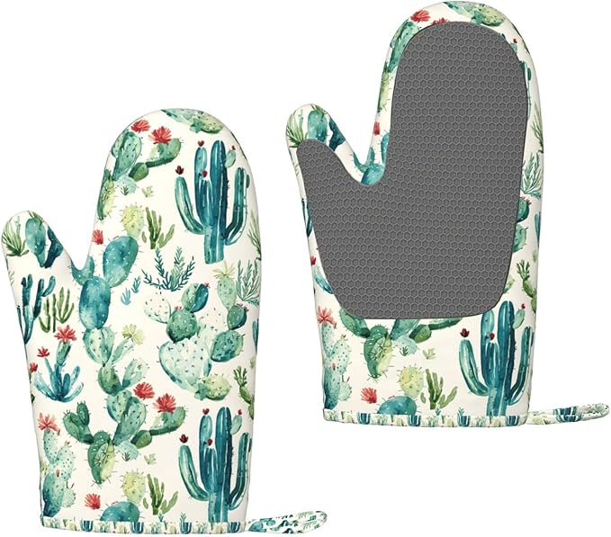 Oven Mitts 2 Pack, Silicone Kitchen Gloves, Heat Resistant with Non-Slip Grip and Soft Quilted Cotton Lining for Cooking Barbecue Backing (Cactus Flower)
