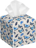 BLYKVGHQ Vintage Blue Butterfly Tissue Box Cover Square, Tissue Box Holder with Bottom Belt Leather Facial Paper Organizer Dispenser for Bathroom Bedroom Dresser Night Stand Tabletop