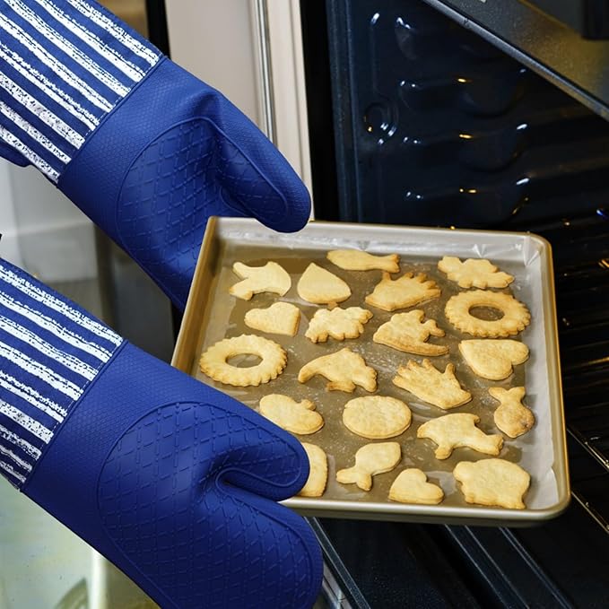 Silicone Oven Mitts Heat Resistant 932℉ with Waterproof & Non-Slip Kitchen Mittens, Set of 2 Extra Long Oven Gloves with Soft Cotton Terry Lining for Baking Cooking Barbecue (Cobait Blue, 2)