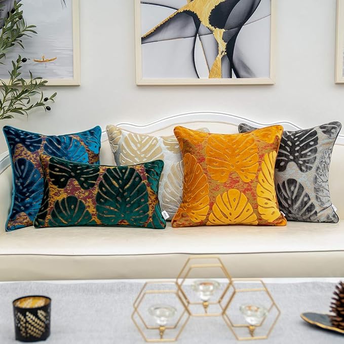 Alerfa 18 x 18 Inch Square Leaf Pillow Embroidery Cut Velvet Cushion Case Luxury Modern Lumbar Throw Pillow Cover Decorative Pillow for Couch Sofa Living Room Bedroom Car, Teal Green
