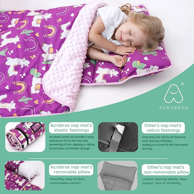 ACRABROS Toddler Nap Mat with Pillow and Blanket, Extra Large Rolled Napping Mats,Slumber Bags for Boys Girls,Kids Sleeping Bag for Daycare, Preschool Travel Camping,Lama
