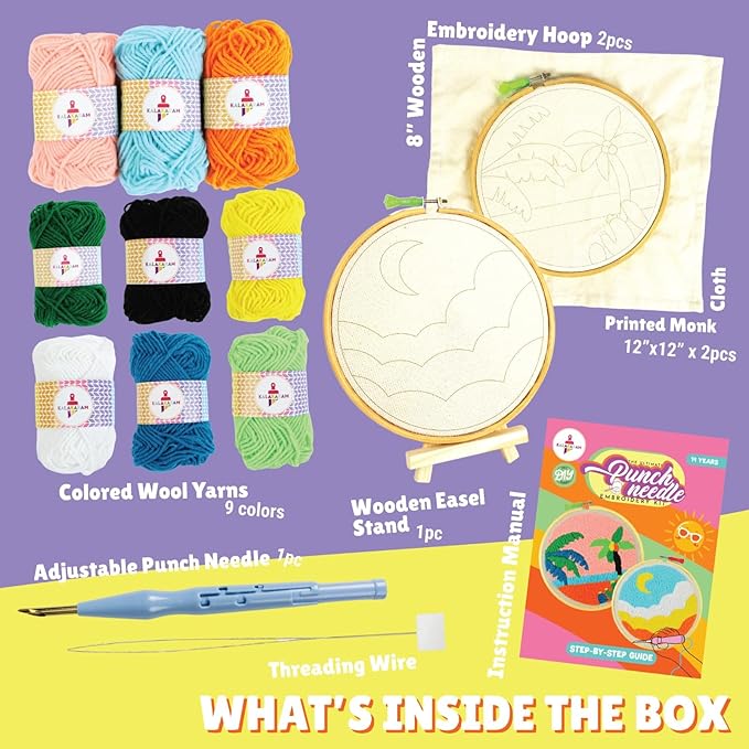 Kalakaram Punch Needle Embroidery Kit | Complete Beginner Starter Kit with 2 Printed Designs | Perfect DIY Craft Gift for Girls, Teens, Kids, & Adults