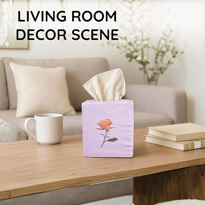 EmbroideryLinen.VN Tissue Box Cover Set of 2, Square Linen Tissue Holder, Printed Floral Design, 4.5x4.5x5.5 Inches, Decorative Holder for Bathroom, Living Room, Office (Rose & Bird of Paradise)