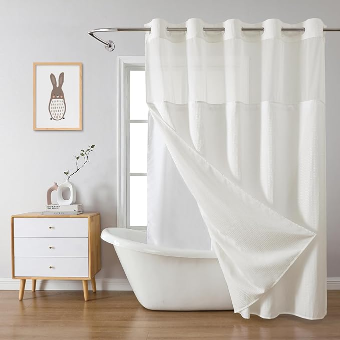 eachope Cream No Hook Waffle Weave Shower Curtain with snap-in Liner Replacement, 230GSM Waterproof Fabric Hotel Shower Curtain Set for Bathroom, Through Mesh Top Window,71Wx77H