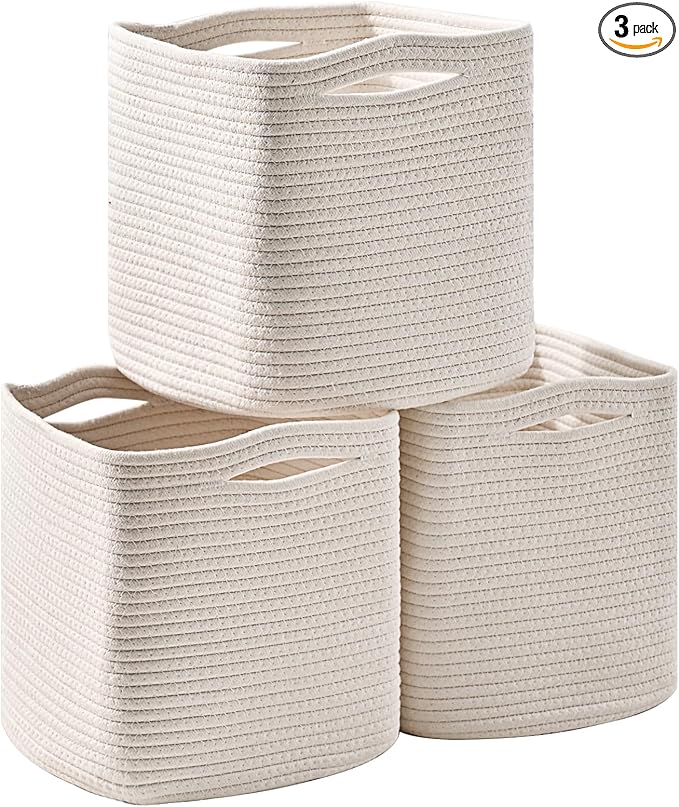 ICERZCZ 11 Inch Cube Storage Bins, Organizer Bins, Woven Cotton Rope Baskets for Storage, Storage Baskets for Organizing Shelves, White Basket for Toys, Off White (Pack of 3)