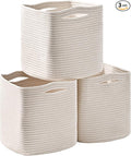 ICERZCZ 11 Inch Cube Storage Bins, Organizer Bins, Woven Cotton Rope Baskets for Storage, Storage Baskets for Organizing Shelves, White Basket for Toys, Off White (Pack of 3)