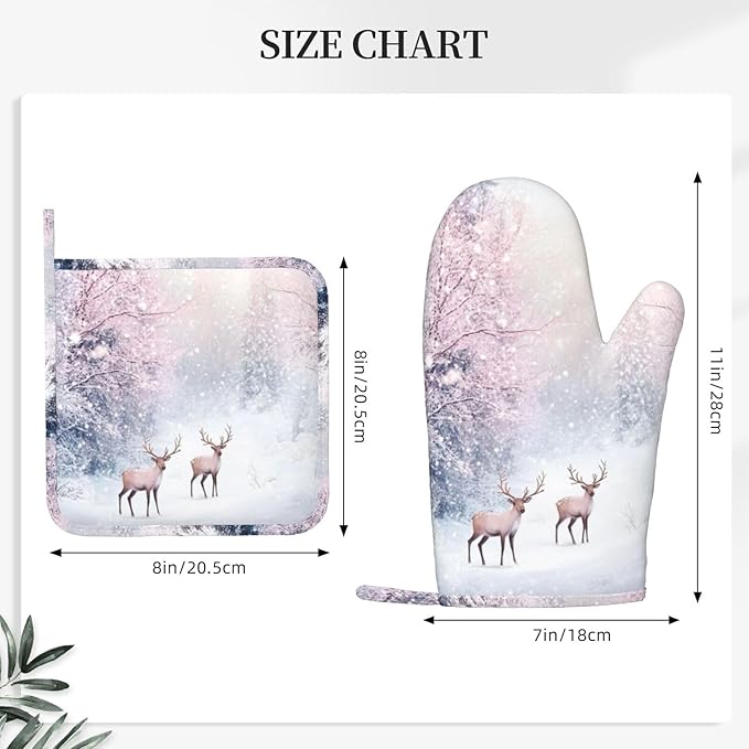 Oven Mitts Pot Holders Set Winter Deer Forest Christmas Silicone Kitchen Gloves Potholders Heat Resistant for Chef Baking Cooking Grilling BBQ 4 Pack Mitt