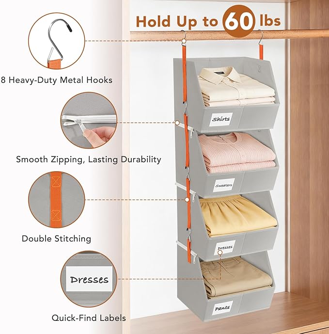 Baesyhom 4 Pcs Modular Closet Organizer - Detachable & Foldable Hanging Storage Cubes, 88L Total Capacity, Heavy Duty Fabric Shelves for Wardrobe, Closet Organization, RV, Dorm, Grey