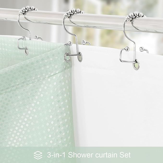 Craidlela 3 in 1 Long Mint Green Shower Curtain Set-72 W x 78 H, Modern Waffle and PEVA Liner Set with 12 Stainless Steel Hooks, Waterproof Fabric for Bathroom