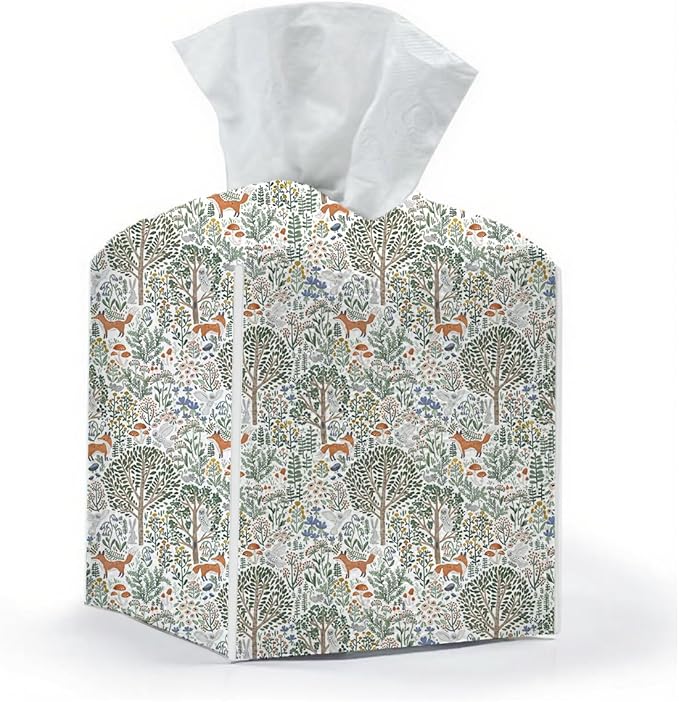 Tissue Box Cover, Tissue Box Holder, Square with Belt Bottom, PU Leather Decorative Organizer for Desk, Tabletop, Countertop Bathroom, Toilet Car, Office, Dresser Bedside, Fox Forest Flower Decor