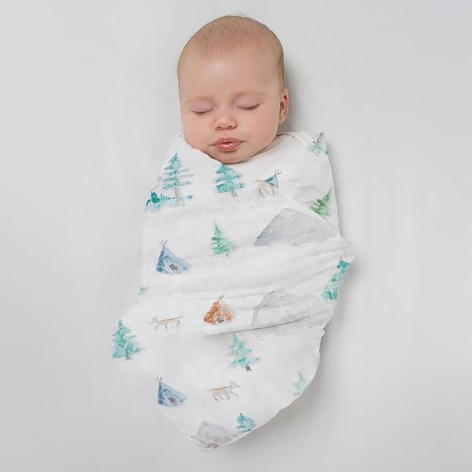 SwaddleDesigns Cotton Muslin Swaddle Blanket, Receiving Blanket for Baby Boys & Girls, Best Registry Gift, 46x46 inches, Watercolor Denim Mountains & Trees