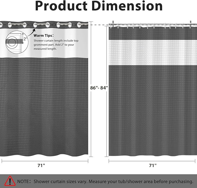 GICDSU No Hook Shower Curtain with Snap in Liner, Waffle Shower Curtain Set for Bathroom, Hotel Style with Semi-Sheer Top Window, Waterproof & Washable, Dark Grey, 71" W x 86" L