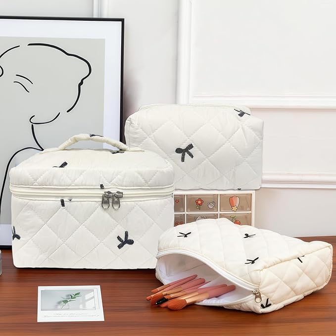 Cozomga Quilted Makeup Bag, Large Capacity Travel Cosmetic Bag for Women and Girls, Aesthetic Storage for Daily and Travel Use (4pcs-embroidered Bow)