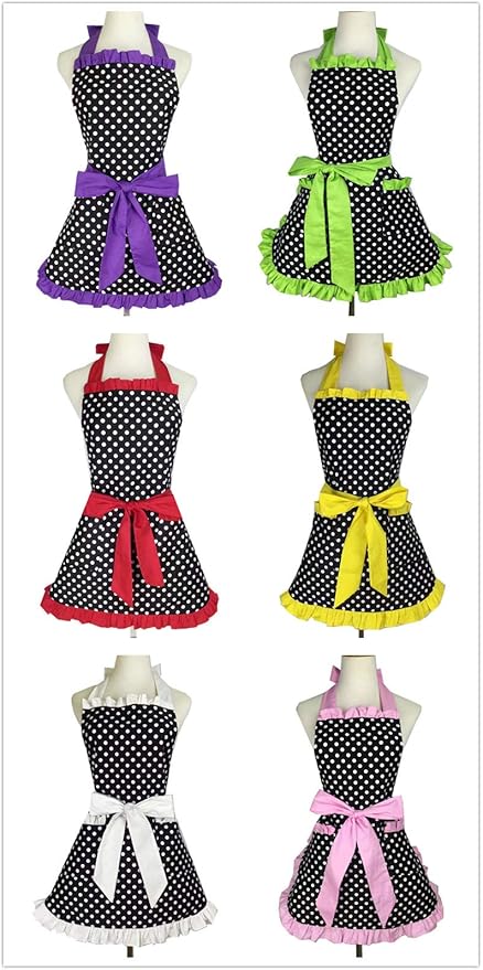 Hyzrz Cute Apron Retro Black Polka Dot Retro Ruffle Side Vintage Cooking Aprons with Pockets for Women Girls (Side White)