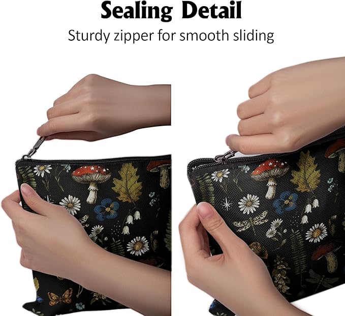 Cafl Vintage Woodland Makeup Bag Travel Large Mushroom Fern Cosmetic Bag Organizer toiletry Essentials Jewelry Skincare Zipper Bag For Women -10×8 inch