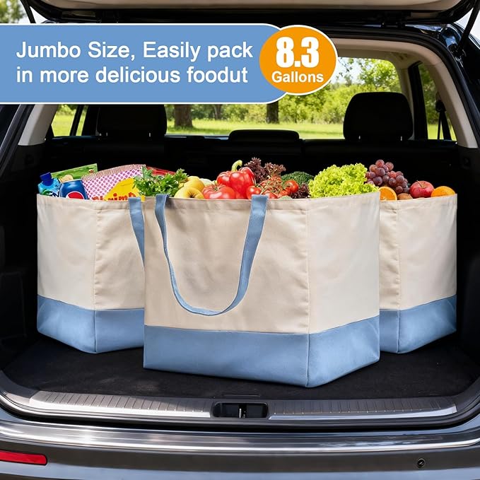 CNaiyunpin Reusable Grocery Bags Heavy Duty, 8.3 gal Foldable Large Canvas Tote Bag with Handles, Holds 60 lbs Canvas Shopping Bags, 3 Pack（Off White+Light Blue）
