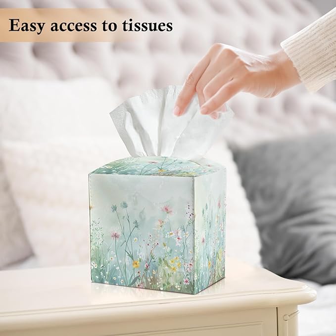 Watercolor Flowers Tissue Box Covers Square, Leather Tissue Box Holders Decorative for Car Nightstand Home Office Bathroom Organizer, Square Facial Paper Organizer Home Decor -010