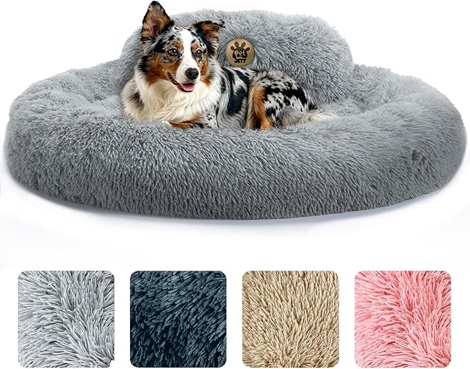 PetJett Calming Dog Beds Large Sized Dog - 36'' Round Bed, Anti-Slip & Washable Super Soft Donut Bed, Fluffy Faux Fur Anti-Anxiety Premium Comfort Pet Bed, Fits Dogs up to 80 lbs - Bright Grey