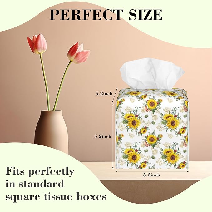 Sunflower Bouquets and Butterflies Tissue Box Cover Square Leather Tissue Holder Waterproof Facial Paper Organizer Dispenser Cube Paper Cover Case for Home Office Bathroom Vanity Countertop