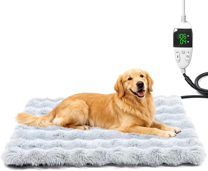 Littlo Kozytail Dog Heating Pad, Smart Thermostat, 12 Temp Levels & 0-12H Timer, Large Pet Heating Pad with Zippered Plush Fleece Cover, Waterproof & Chew Resistant, 34x24in for Dogs and Multiple Cats