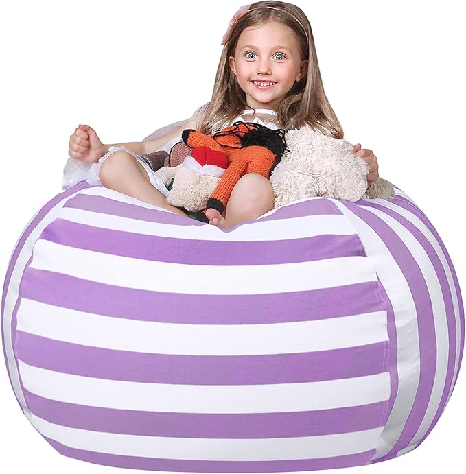 WEKAPO Stuffed Animal Storage Bean Bag Chair Cover for Kids | Stuffable Zipper Beanbag for Organizing Children Plush Toys Large Premium Cotton Canvas (Purple, XX-Large)