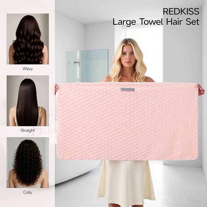 REDKISS 3 Pack Microfiber Hair Towels - Extra Large Hair Towel Wrap for Women, 24x42 inch Hair Towels with Elastic Strap, Super Soft Hair Drying Towels for Long, Thick, Curly Anti Frizz Turbans