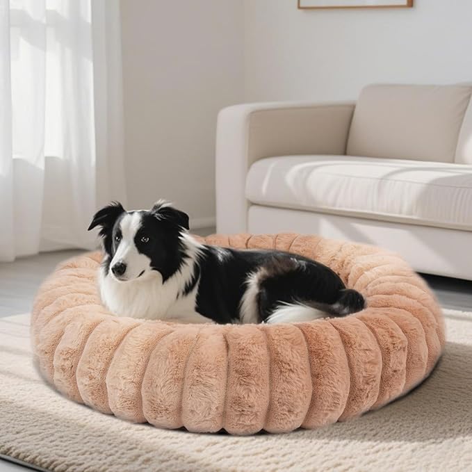 Vhen When Donut Dog and Cat Bed, Luxurious Comfortable Faux Rabbit Fur Pet Beds, Round Anti-Anxiety Calming Puppy Kitten Bed with Anti-Slip Bottom for Small Medium Large Dogs & Cats(36", Brown)