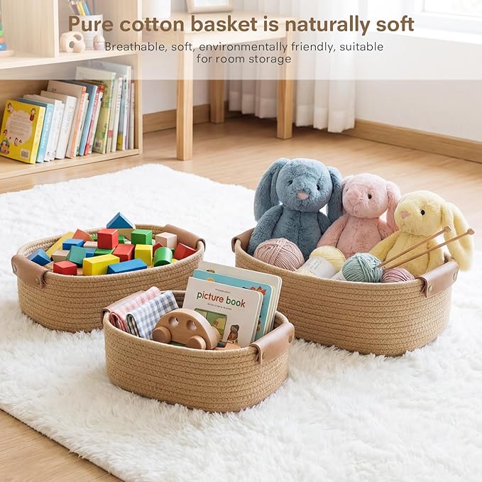 ECDYQXVU 5 Piece Storage Baskets Small Woven Basket with Detachable Leather Handle, Cotton Rope Shelf Baskets for Closet Organizers, Different Sizes Basket Decor, Jute Brown