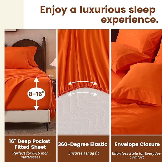 100% Linen Sheets California King Size,Breathable & Durable 4-Piece Bed Flax Sheet Set,Soft All-Season Bedding for Hot Sleepers 16" Deep Pocket Oeko-TEX Certified,（Cal King, Orange）