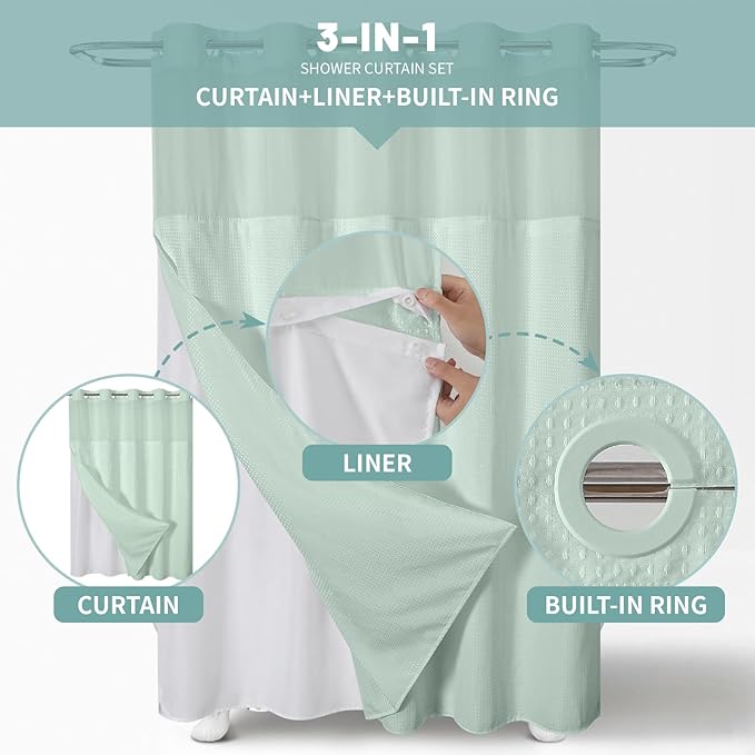 eachope MintGreen No Hook Waffle Weave Shower Curtain with snap-in Liner Replacement, 230GSM Waterproof Fabric Hotel Shower Curtain Set for Bathroom, Through Mesh Top Window,71Wx74H